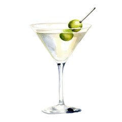 PNG cocktail in martini glass, watercolor illustration. Beverage and party concept