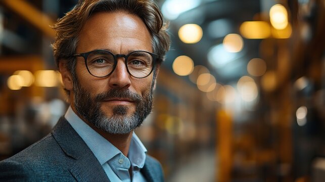 A confident businessman holding a workpiece in a modern factory hall, symbolizing professional competence in industrial settings.