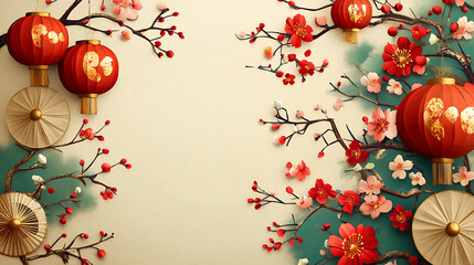 Japanese New Year background with traditional decorations like kadomatsu and plum blossoms