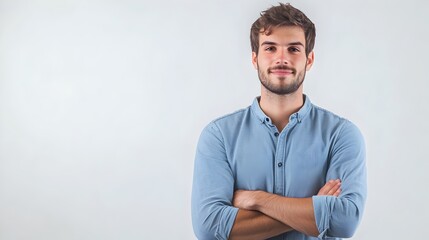 Fototapeta premium Confident Young Businessman in Blue Shirt with Crossed Arms Posing in Studio