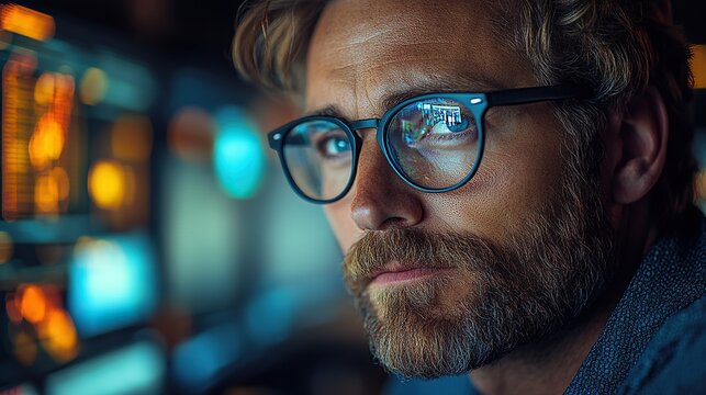 A confident male data scientist works on a computer in a control room, focusing on neural network management within a large infrastructure.