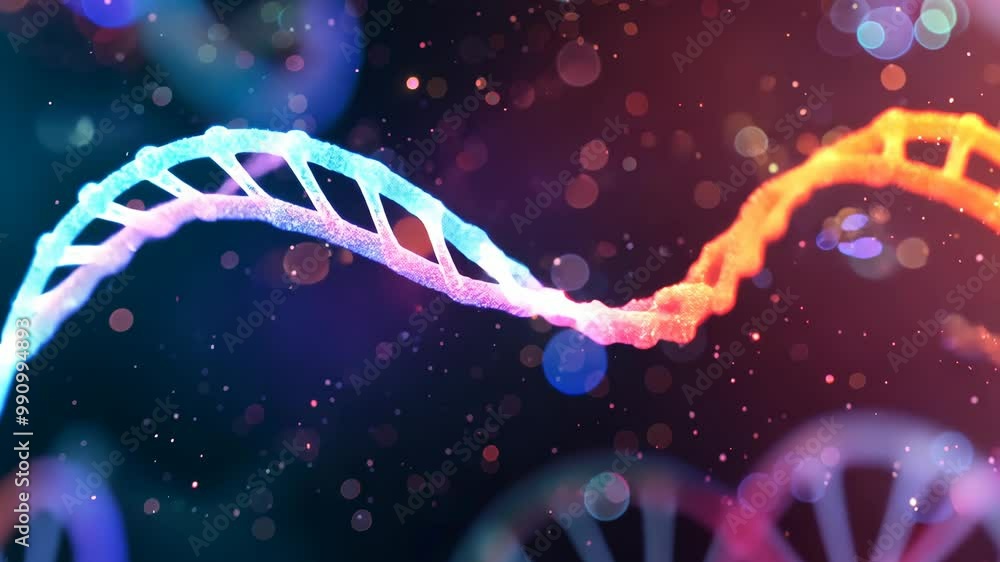 Poster bioluminescent dna strand with sparkling lights in dark background, futuristic genetic science conce