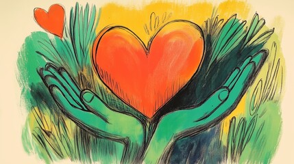 An artistic illustration showing two green hands holding a vibrant red heart with an abstract yellow and green background symbolizing nature or growth.