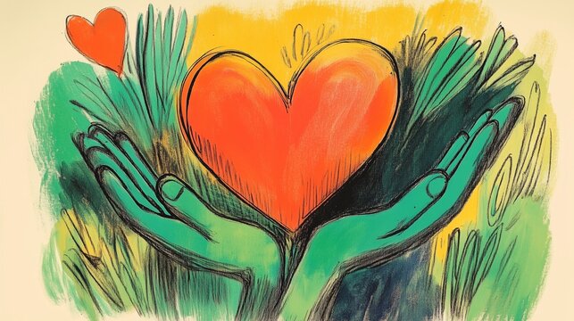 An artistic illustration showing two green hands holding a vibrant red heart with an abstract yellow and green background symbolizing nature or growth.