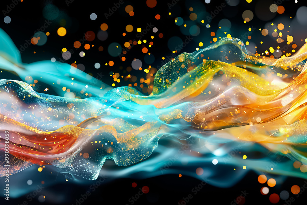 Poster this captivating abstract wallpaper features colorful flowing waves intertwined with sparkling parti