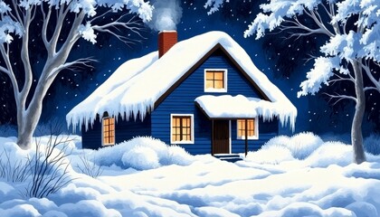 Fototapeta premium A cozy blue cottage surrounded by snow under a starry night sky.