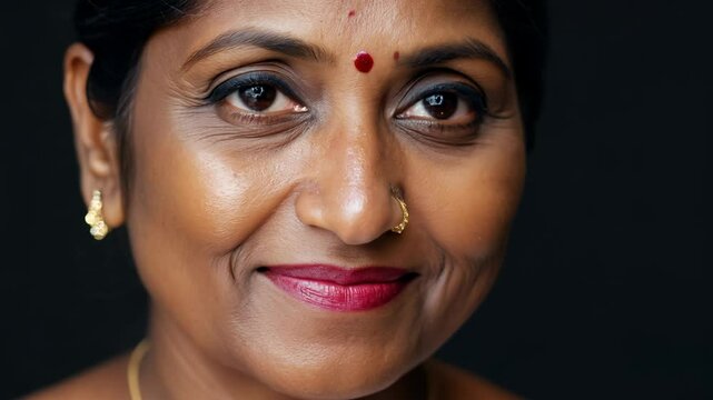 Close-up video of a middle-aged indian woman with expressive eyes reflecting optimism, video with studio key light.