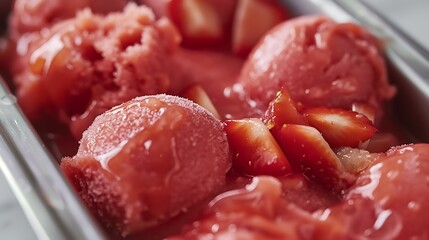 Obraz premium Close up of chunks of strawberry and citrus sorbet in a container