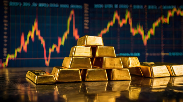 Barras de oro apiladas y negocios gr&aacute;ficos de acciones de inversi&oacute;n
