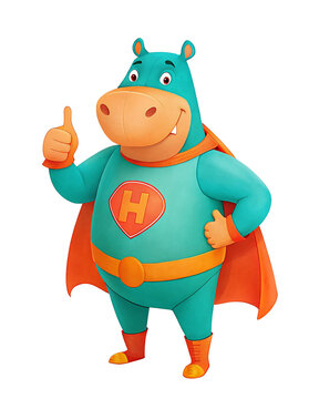 recommend clip art: A cartoon mascot of a hippopotamus hero read "H" on chest