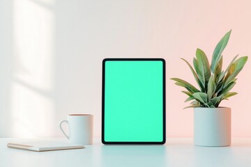 tablet mockup with a green screen on the table, in a minimalist interior design setting, a mock-up for presentation, a close-up shot, against a white background