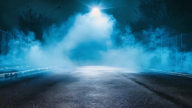 Mysterious foggy road illuminated by a bright streetlight at night, creating an eerie atmosphere with dense mist and moody lighting.

