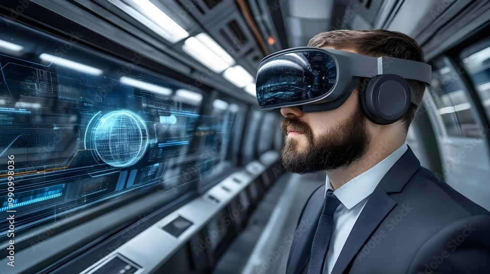 Aufkleber man in vr headset experiencing virtual reality in a futuristic setting.