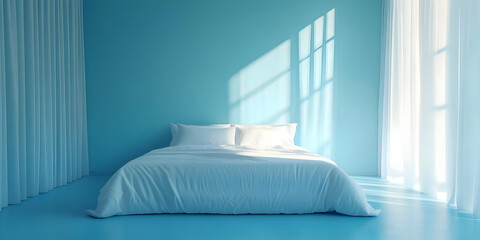 Minimalist Bedroom Interior with White Bed and Blue Walls