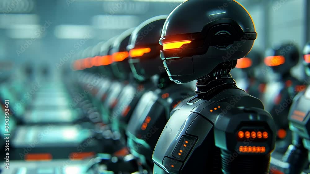 Poster advanced robotic assembly line with high-tech robots in modern factory, featuring futuristic ai tech