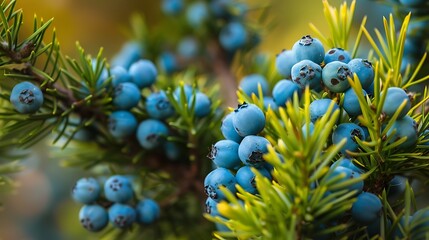 Obraz premium Close up on the branch among the leafy leaves to see an abundance of luscious blue juniper berries