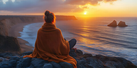 Woman Wrapped in Blanket Enjoys Serene Sunset Over Ocean from Clifftop