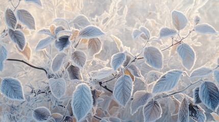 Close-up of frost-covered leaves and branches, glistening in the soft light of a winter morning