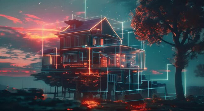 Futuristic House with Glowing Lines and Silhouettes