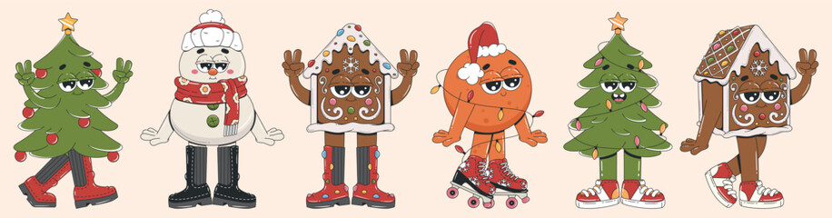 Groovy cartoon Christmas set. Trendy retro characters - Christmas tree, snowman, gingerbread, tangerine. Vector illustration. 