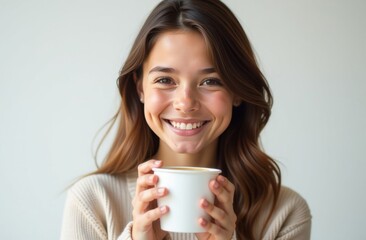 A young girl stands with a paper cup for takeaway coffee drinks or tea on a white background. Place for text