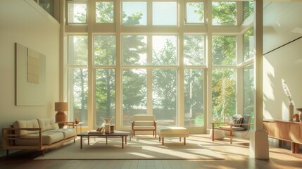 Sunlight filters through large windows into a serene and spacious modern living room, blending nature and comfort with its minimalistic design and calming ambiance.