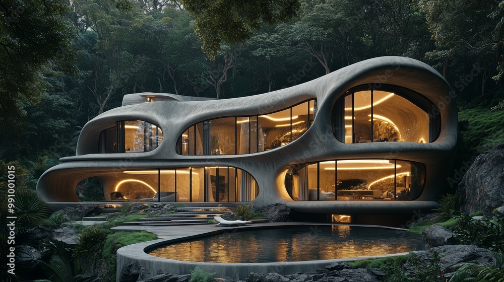 Poster a futuristic-style architecture features a curved shape