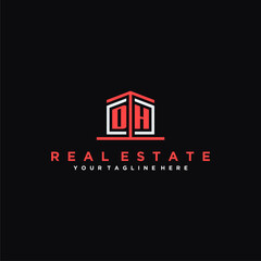 DH Initials Modern Logo Design for a Real Estate Company Featuring a Unique Icon and Bold Typography on a Black Background