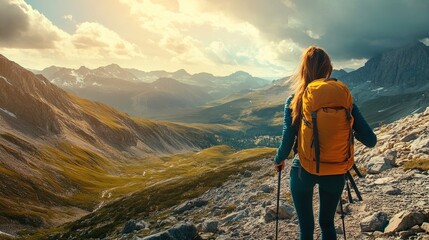 Female hiker conquering the mountain top at sunset