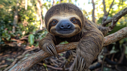 Fototapeta premium Hoffmann’s two-toed sloth hanging on a tree branch in tropical forest habitat 