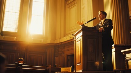 A determined individual addresses the court from a wooden podium, bathed in golden light from tall windows in a majestic courtroom.