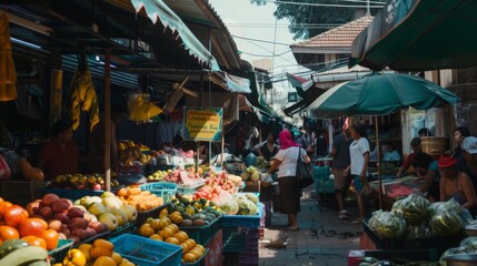 A bustling outdoor market scene featuring a diverse array of fresh fruits and vegetables, vibrant colors, and people shopping under makeshift stalls.
