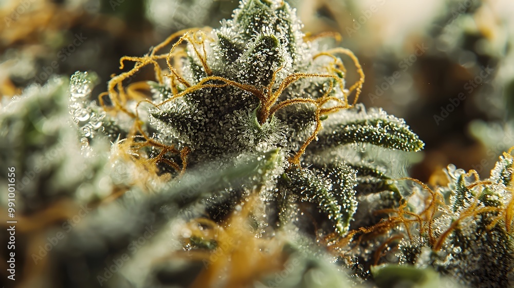 Poster macro view of cannabis trichomes dissolving in alcohol for cbd extraction