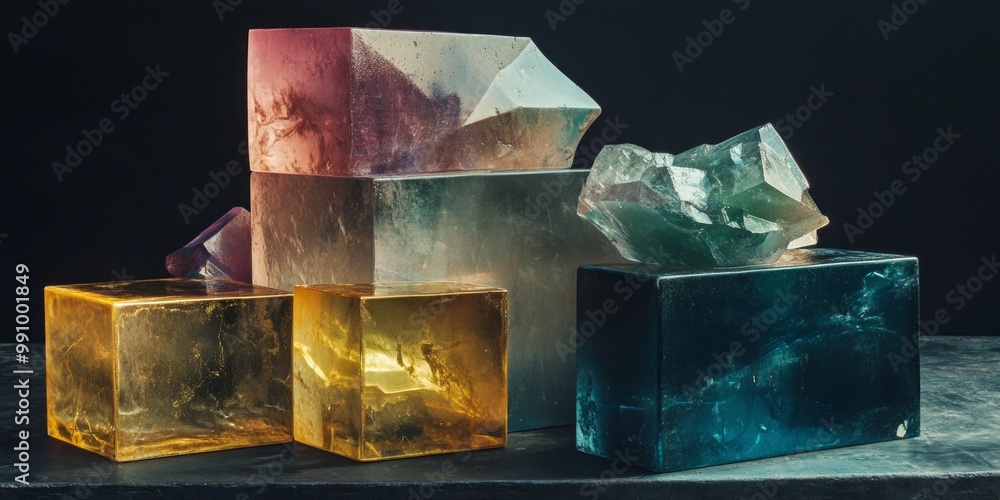 Poster colorful transparent resin blocks arranged in a captivating way. each piece showcases unique shades 