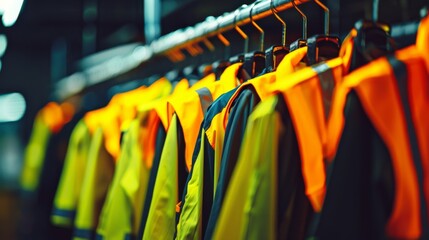 Fototapeta premium A row of vibrant high-visibility safety jackets hang neatly in an industrial setting, emphasizing order and readiness for active use.