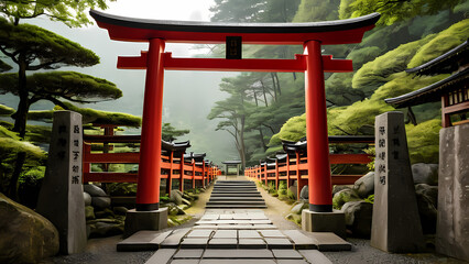 Obraz premium Japanese Tori Gate With Forest and Trees in the Background