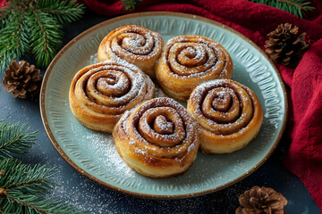 Fototapeta premium Six Freshly Baked Cinnamon Rolls Dusted with Powdered Sugar on a Plate