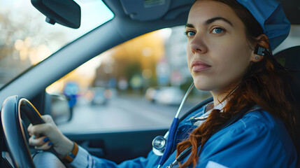Nurse getting into car, going home from work. Female doctor driving car to work, on-call duty. Work-life balance of healthcare worker. generative ai.