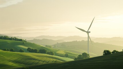 Obraz premium A lone wind turbine stands amidst rolling green hills under a soft, golden sky, emphasizing renewable energy and an idyllic landscape.
