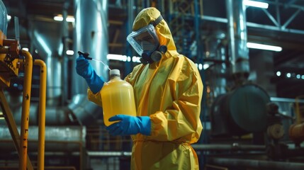 A scientist in full protective gear examines a chemical substance inside a laboratory, highlighting emphasis on safety and scientific rigor.
