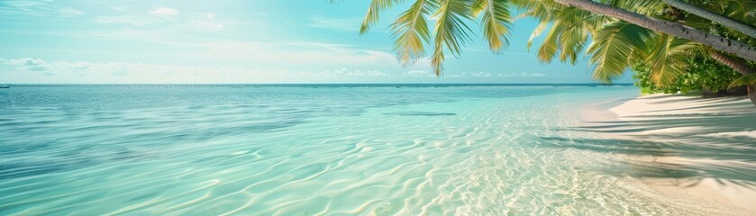Fototapeta premium Scenic beach with crystal-clear turquoise water, white sand, and lush palm trees under a bright blue sky. Perfect tropical paradise for a getaway.