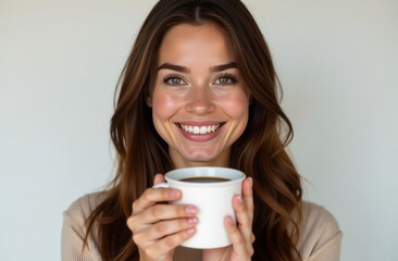 A young girl stands with a paper cup for takeaway coffee drinks or tea on a white background. Place for text