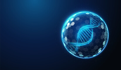 Abstract illustration of human dna helix protected by shield barrier in low poly style. Blue geometric background depicting human genome health care medical concept by wireframe connection structure