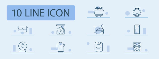 Home appliances set icon. Washing machine, scale, fryer, fridge, stove, mixer, coffee maker, vacuum, smart device, kitchen, cleaning, household, cooking, electronics, technology, convenience.