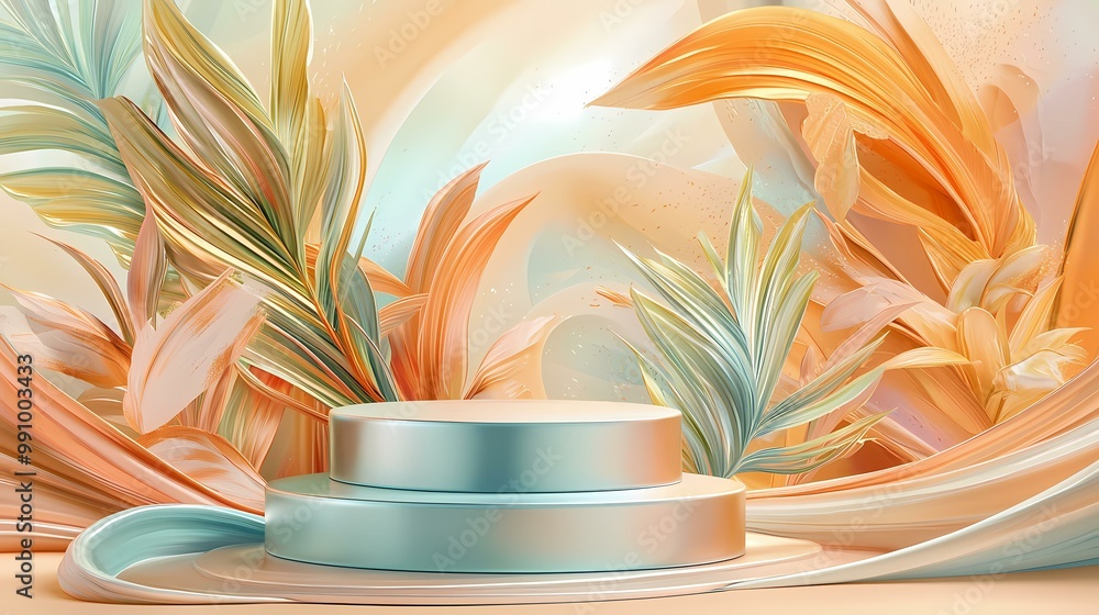 Poster a double-layered teal podium is set against a backdrop of peach and lime green abstract foliage and 