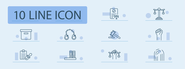 Justice rights set icon. Law, gavel, contract, handcuffs, protest, freedom, folder, scales, balance, equality, agreement, files, revolution, legal system, evidence, activism, fingerprint, legislation.