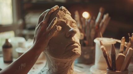 Obraz premium In a warm, inviting studio, an artist's hands mold the fine details of a clay bust amidst an array of brushes and tools.