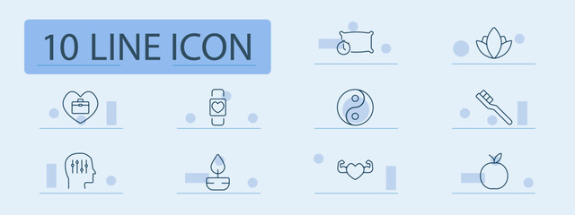 Health set icon. Pillow, clock, smartwatch, heart, yin yang, tooth care, apple, hands with wellness, fitness, health balance, mental care, body, nutrition