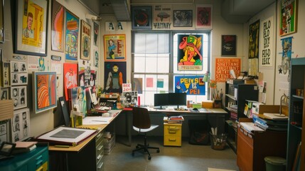 Obraz premium A vibrant office space filled with colorful posters and art, showcasing a creative and artistic environment.