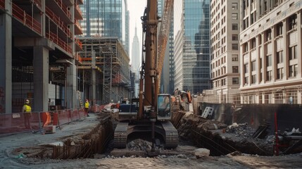 An urban construction site bustling with activity; a large excavator operates amidst towering skyscrapers, symbolizing growth and development in the heart of the city.